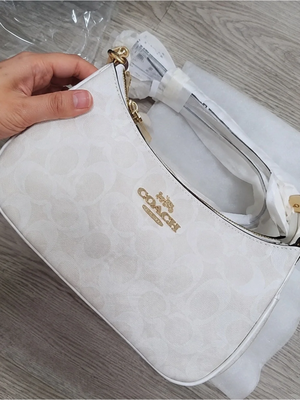 Coach Cream Signature Canvas Shoulder Bag with Gold Chain Accent